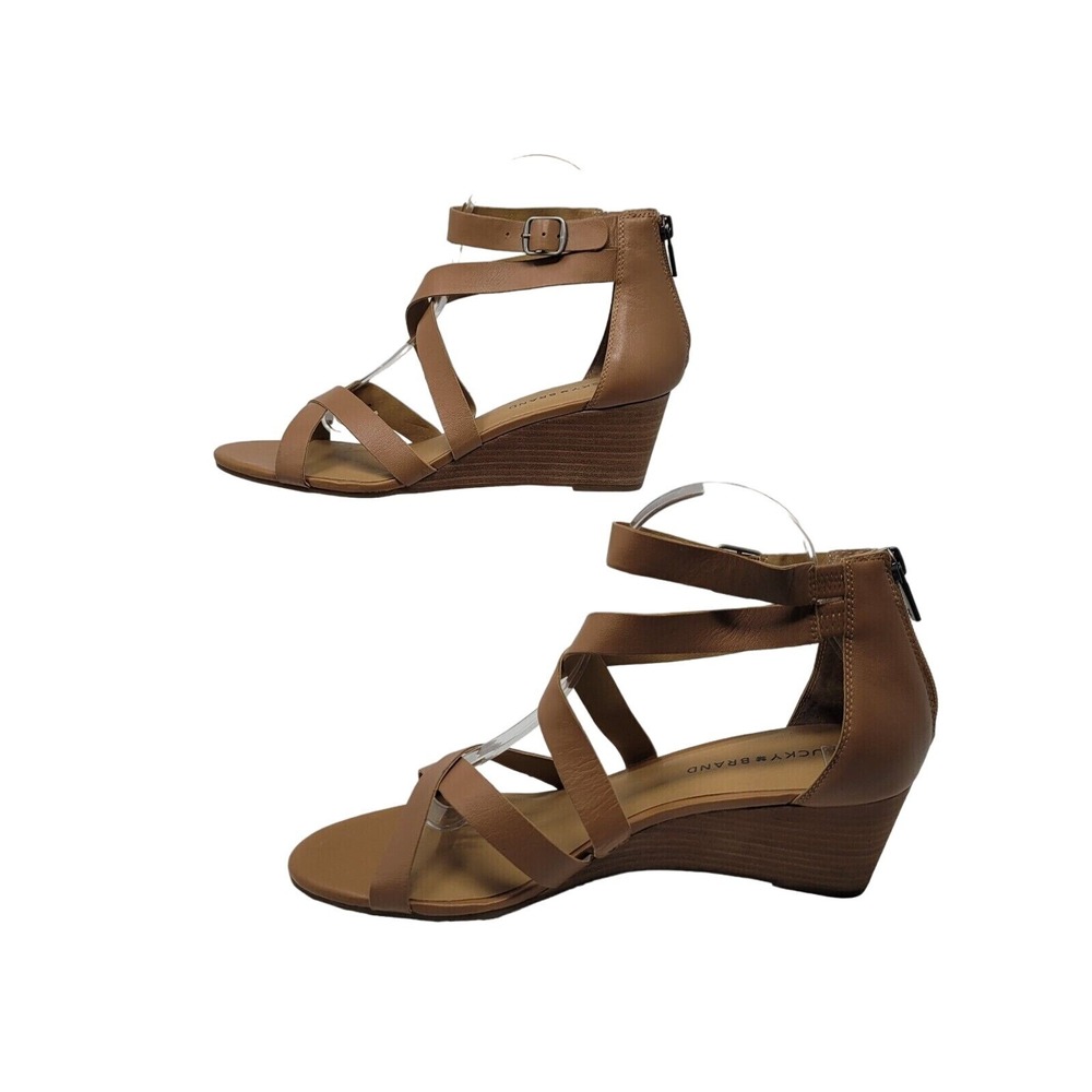 Lucky Brand Jinela Leather Strappy Wedge Sandals 11 Tan Wood Stacked Ankle Strap - Picture 4 of 11